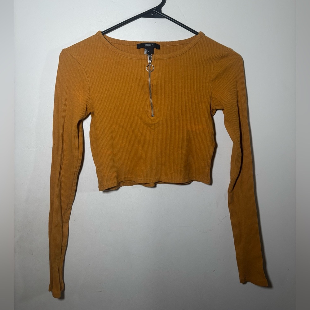 Forever 21 Mustard Ribbed Long Sleeve Crop Top